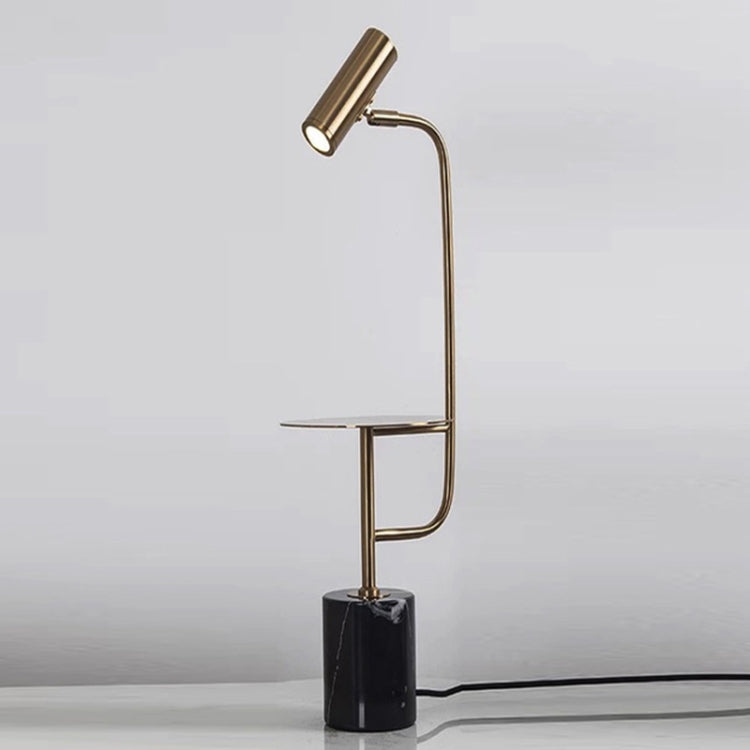 Floor lamp with gold gooseneck stand, cylindrical shade, and white marble base.