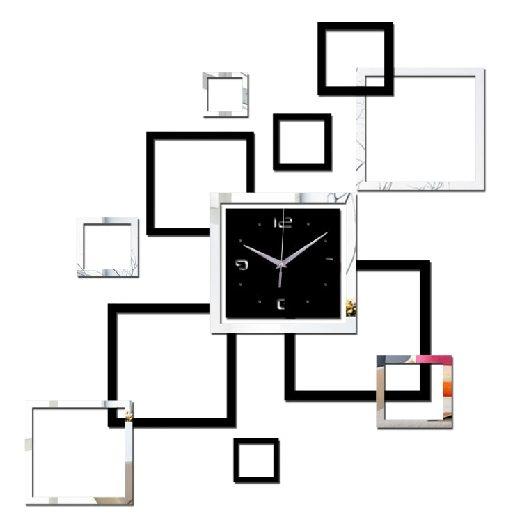 Acrylic mirror wall clock set: black square face, silver hands, and mirrored square stickers