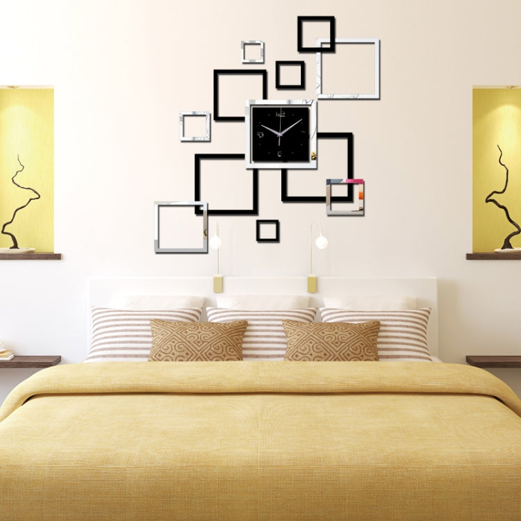 Black square wall clock with mirrored square stickers arranged around it
