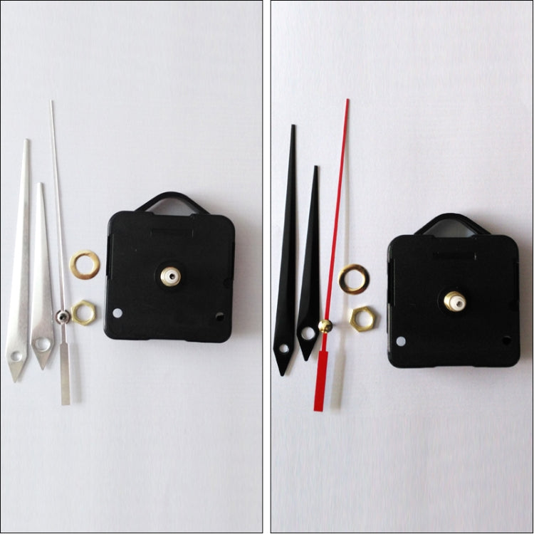 Black square clock mechanism with red and black hands and gold mounting rings
