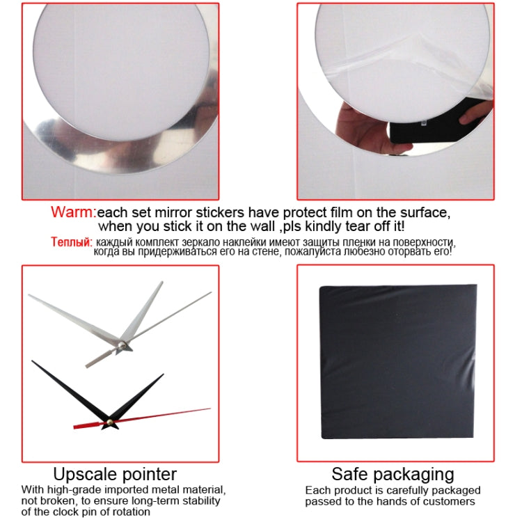 Mirror clock sticker set with protective film, pointer parts, and safe packaging