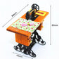 Mini sewing machine dollhouse table with floral fabric and size markings (80mm, 44mm)