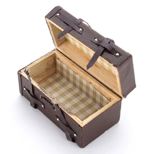 Miniature brown suitcase accessory with open top and plaid-lined interior