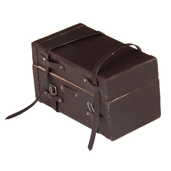 Miniature dark-brown suitcase with front latch and side handle, dangling strap