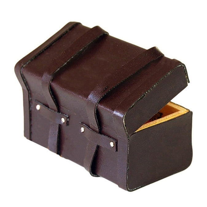 Miniature brown suitcase with rounded top and open lid, showing yellow compartment
