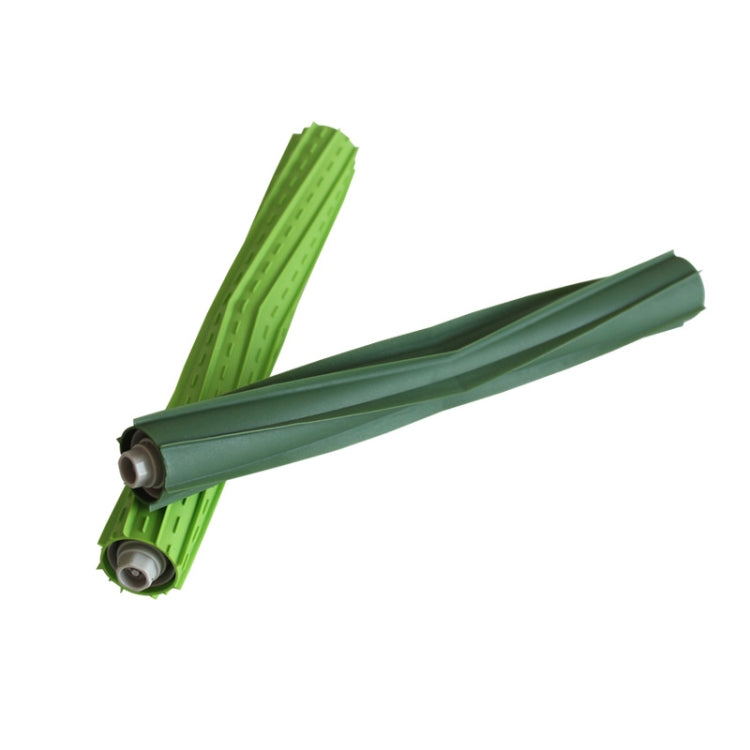 Pair of green robot main sweep brushes, close-up of roller ends and bristles.