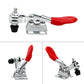 Silver clamp with red handle, black pads, and threaded screw for horizontal tooling
