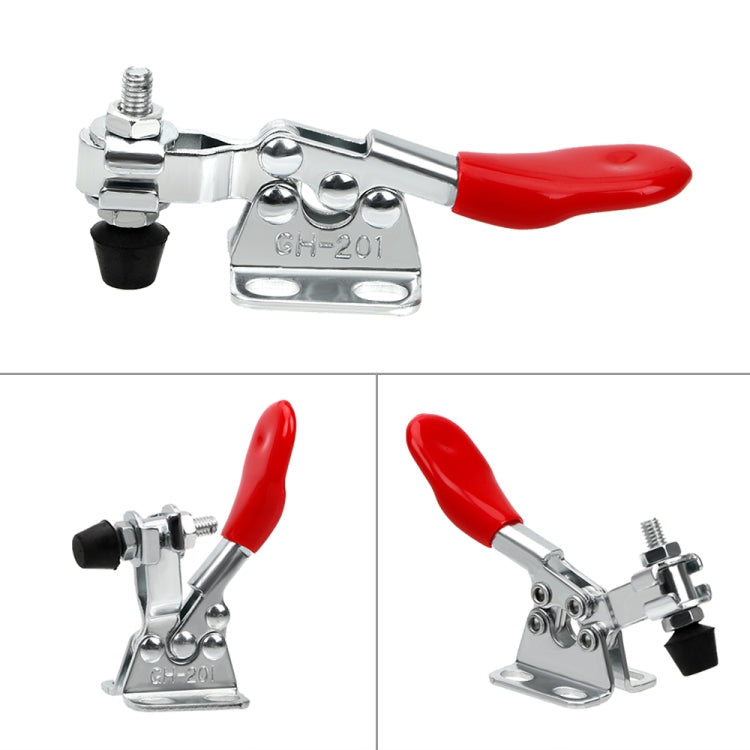 Silver clamp with red handle, black pads, and threaded screw for horizontal tooling