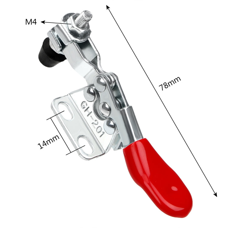 Metal clamp with red handle; shows M4 thread size and 78mm length