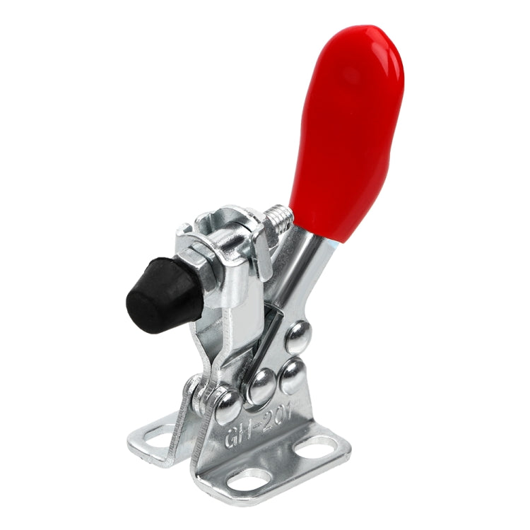 Red lever clamp with black pad, chrome hardware, and metal bracket mounting base