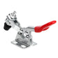Red-handled tooling clamp with black end pad, steel base plate, and threaded screw