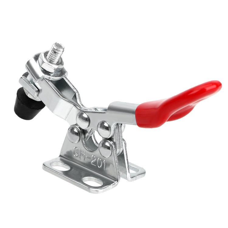 Red-handled tooling clamp with black end pad, steel base plate, and threaded screw