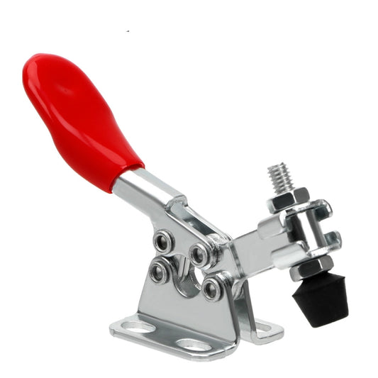 Red-handled horizontal tooling clamp with black screw pads and steel mounting base