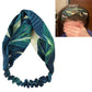 Navy teal leaf-pattern cross-knot turban headband with ruffled trim