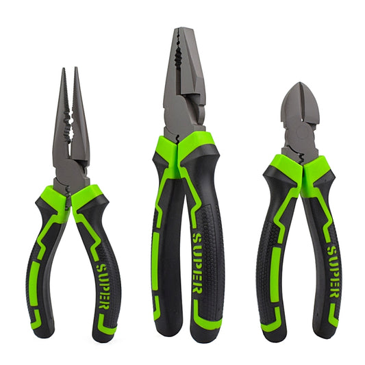 Multi-tool plier set: long-nose, diagonal, and cutting pliers with green-and-black grips