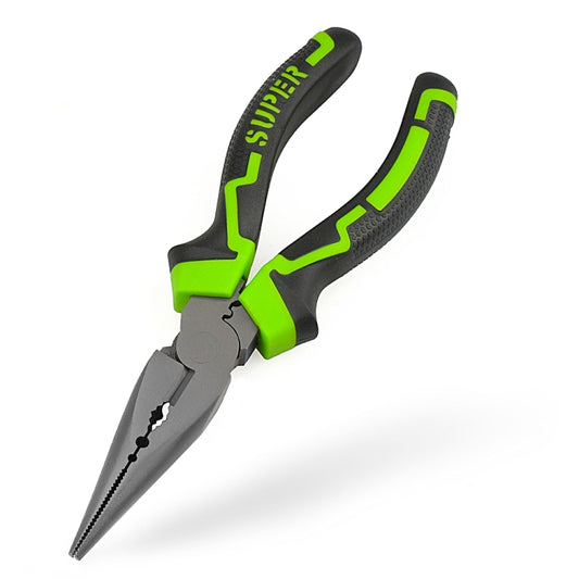 Long-nose pliers with green-and-black handles and pointed steel jaws for wire work