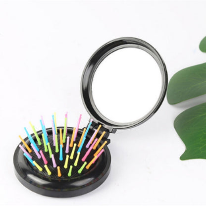 Black folding massage mirror comb with open compact and round mirror top