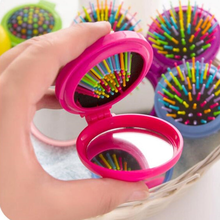 Pink folding massage mirror comb open with round mirror and colorful bristle brush