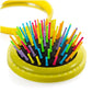 Yellow folding massage mirror comb with rainbow bristle pins and round compact base