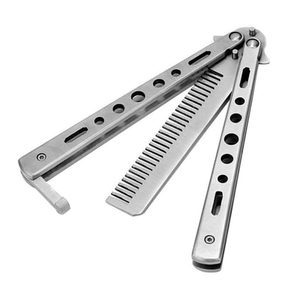 Silver stainless practice butterfly comb with two comb ridges and folding hinge