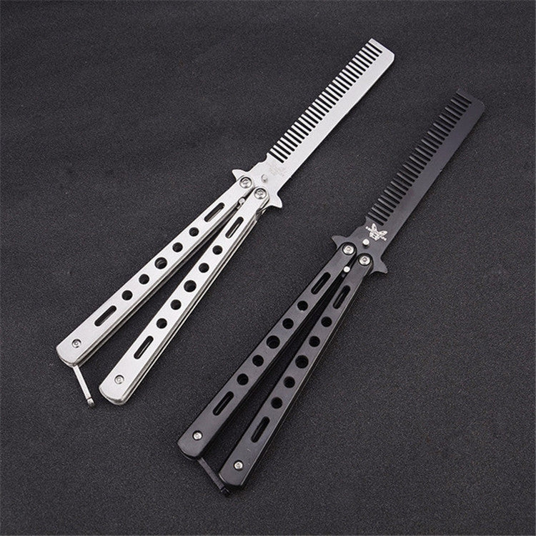 Pair of stainless practice butterfly combs, silver and black with comb teeth