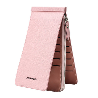 Pink slim multi-card wallet with zipper closure and fold-over card holder.