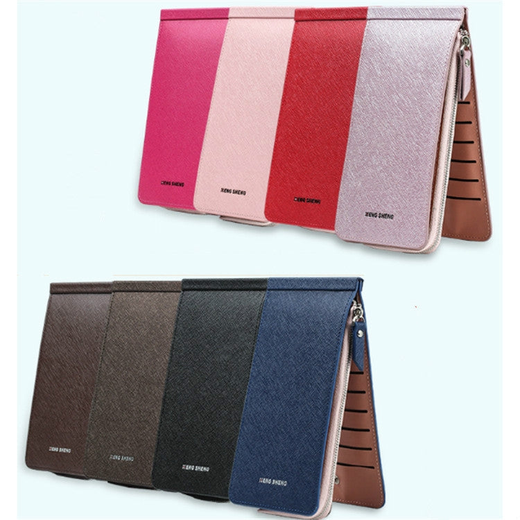 Set of slim multi-card wallets in pink, red, brown, and blue colors with zippers.