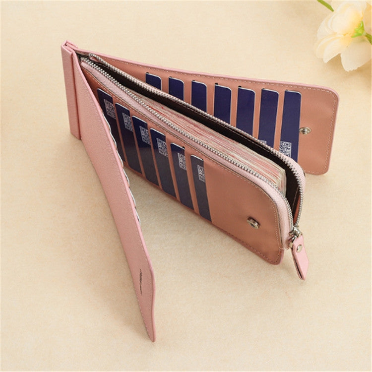 Pink slim multi-card wallet opened to show multiple card slots and zip pocket.