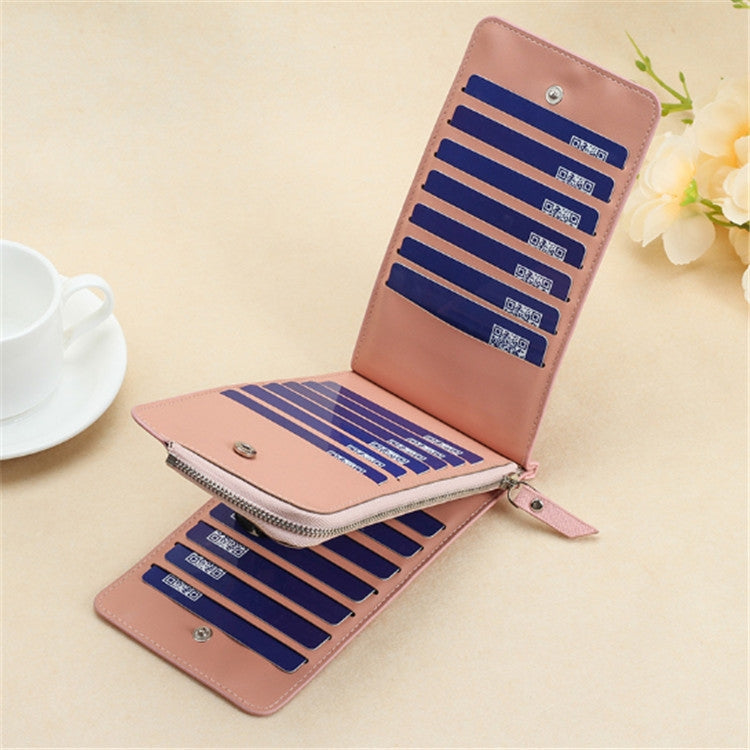 Pink slim multi-card wallet with multiple card slots and folded bill compartment.