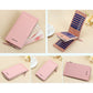Pink slim multi-card wallet with zipper, shown opened and closed from multiple angles.