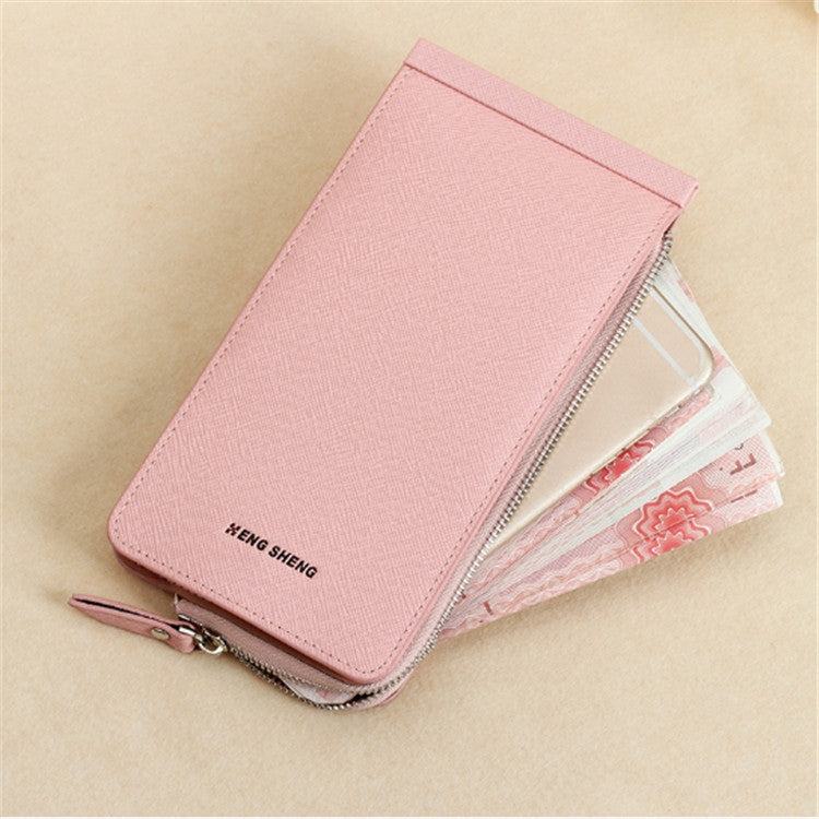 Pink slim zip wallet with card slots and an exterior fold pocket.