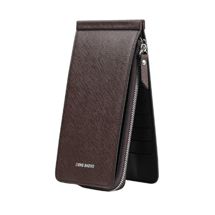 Ultra-thin multi-card wallet in coffee-brown textured fabric, zip closure, visible slots