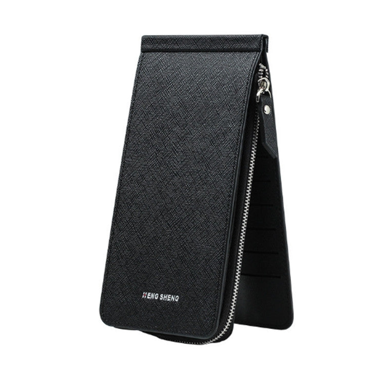 Ultra-thin multi-card wallet in black textured fabric, zip closure, visible card slots