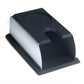 Black espresso tamper stand with curved silicone insert and stainless base