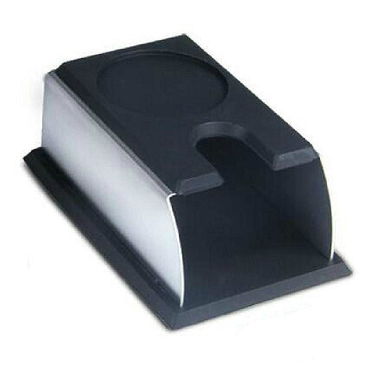 Black espresso tamper stand with curved silicone insert and stainless base