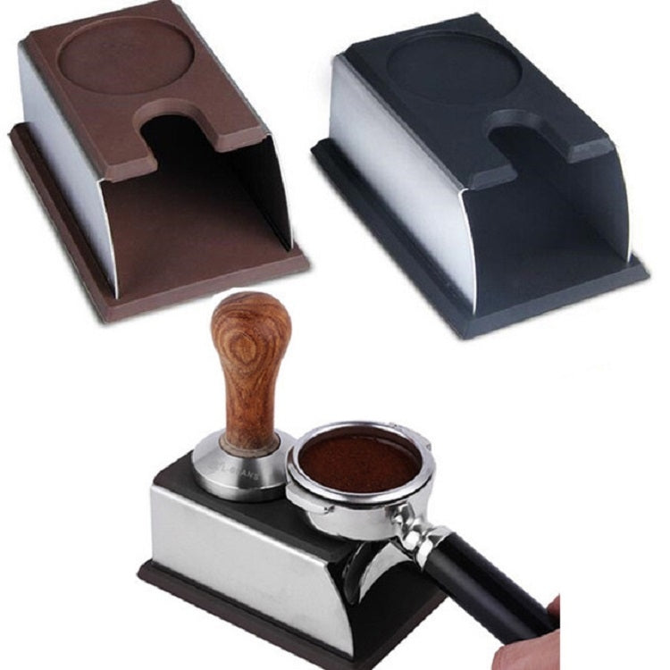 Brown silicone espresso tamper stand with stainless sides and handle cup