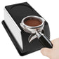 Black silicone espresso tamper stand with stainless base holding espresso basket