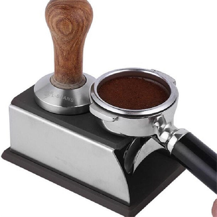 Espresso tamper stand with stainless base and brown wooden handle tamping tool
