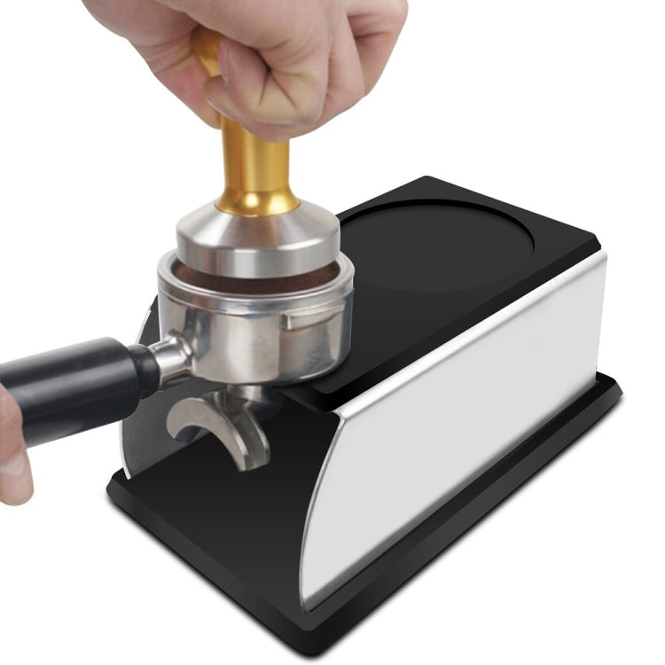 Stainless and black espresso tamper stand with wooden-handled tamper