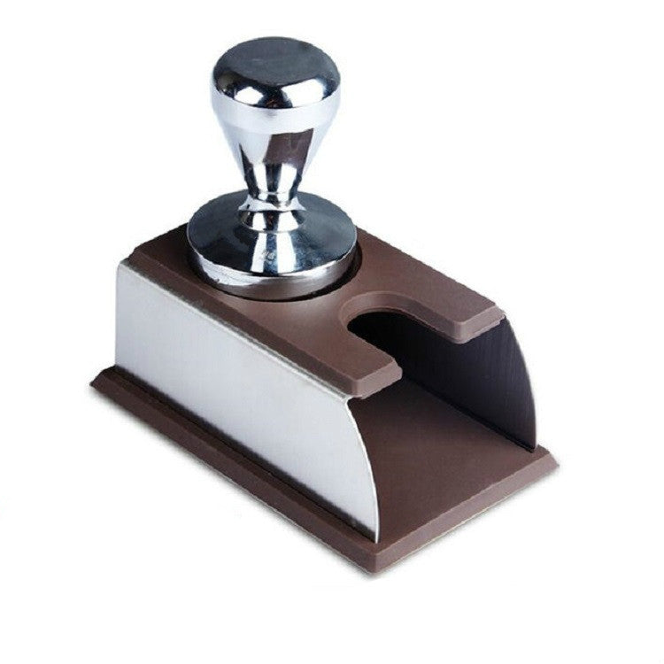 Brown espresso tamper stand with chrome tamper and stainless base