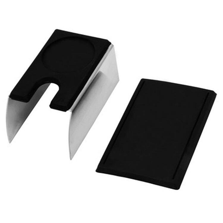 Espresso tamper stand with black silicone pad and stainless support frame