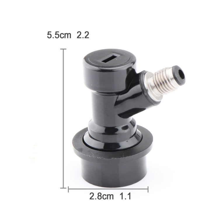 Black ball lock keg disconnect connector with size diagram and threaded fitting
