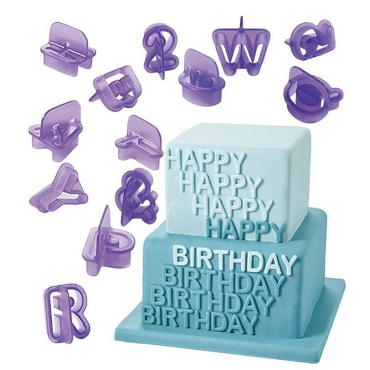 Purple plastic alphanumeric cookie molds for fondant—letters and numbers