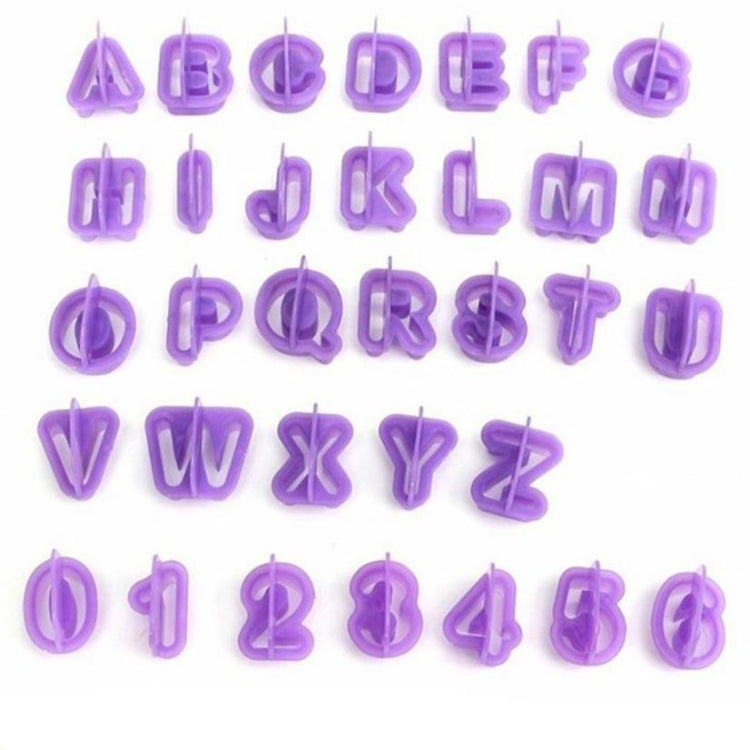 Purple letter-shaped cookie molds with hanging loops, alphanumeric set