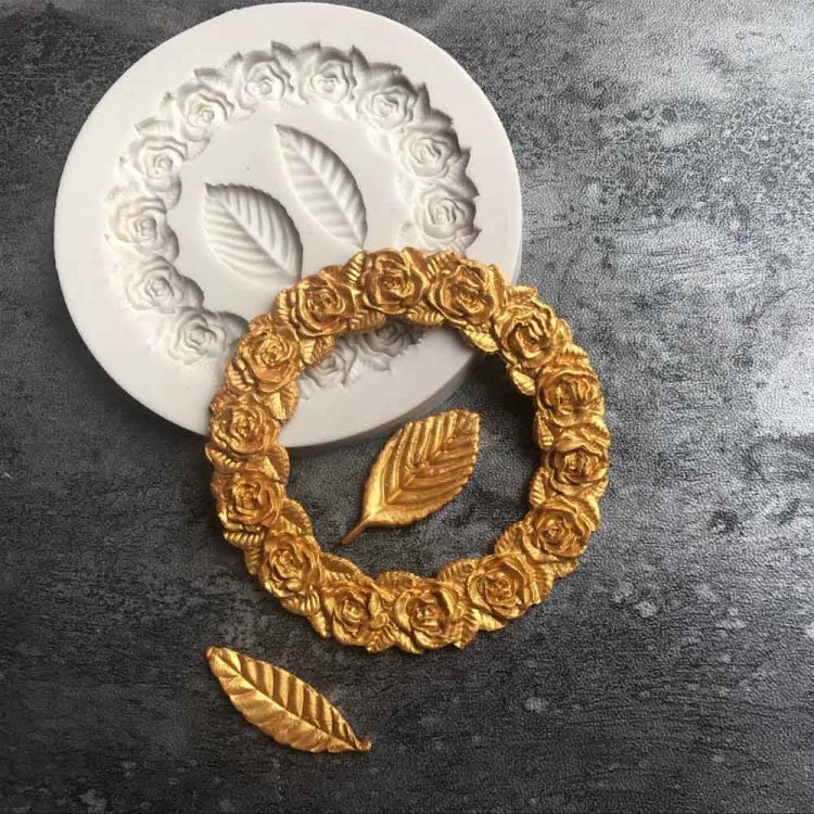 Rose leaf silicone fondant mold with raised rose garland ring and two leaf motifs