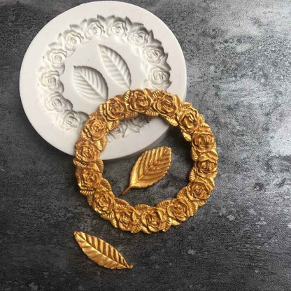 Rose leaf silicone fondant mold with raised rose garland ring and two leaf motifs