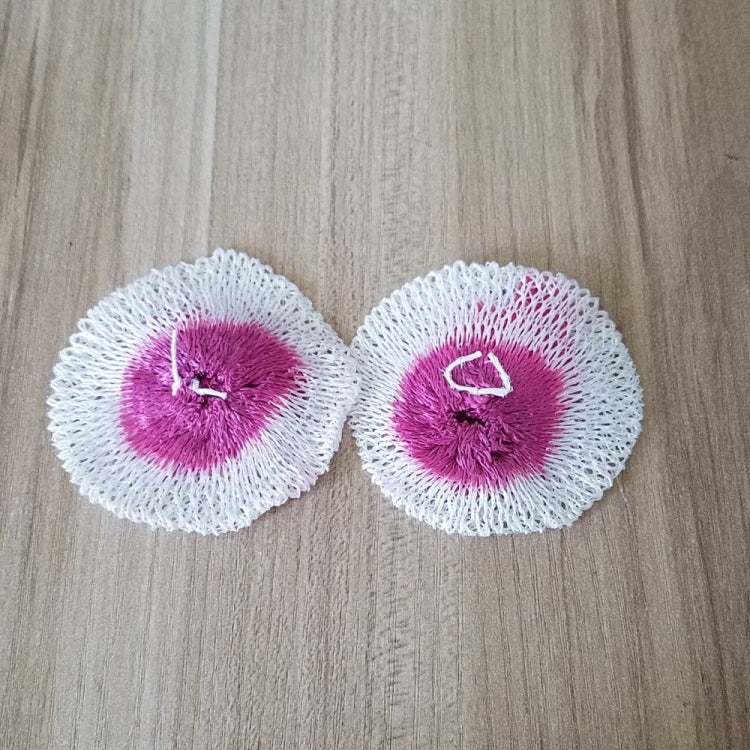 Two round mesh gauze pads, white mesh with magenta-pink center embroidery