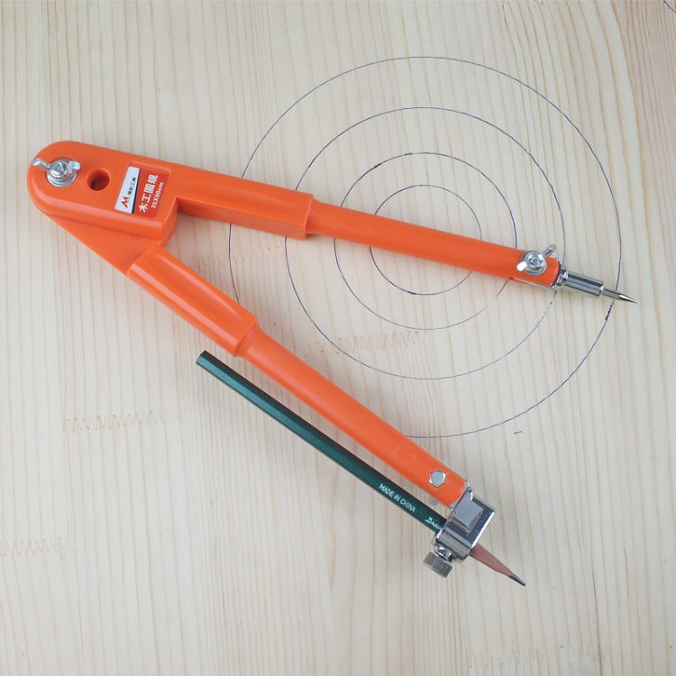 Orange woodworking circle compass drawing a large circle on wood