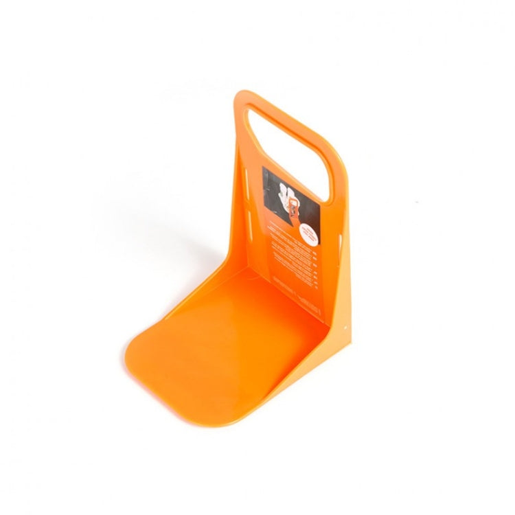 Orange plastic trunk partition anti-dump baffle bracket, side view with handle loop