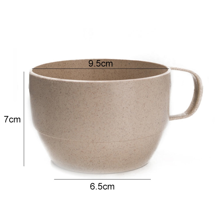 Beige wheat straw coffee cup with handle, speckled; 9.5cm wide, 7cm tall.